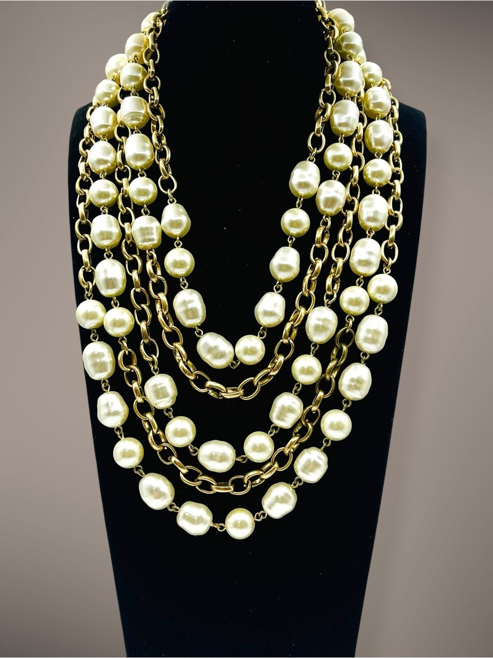 Chicos Multi Strand Faux Pearl & Gold Chain Statement Bib Necklace Estate Piece